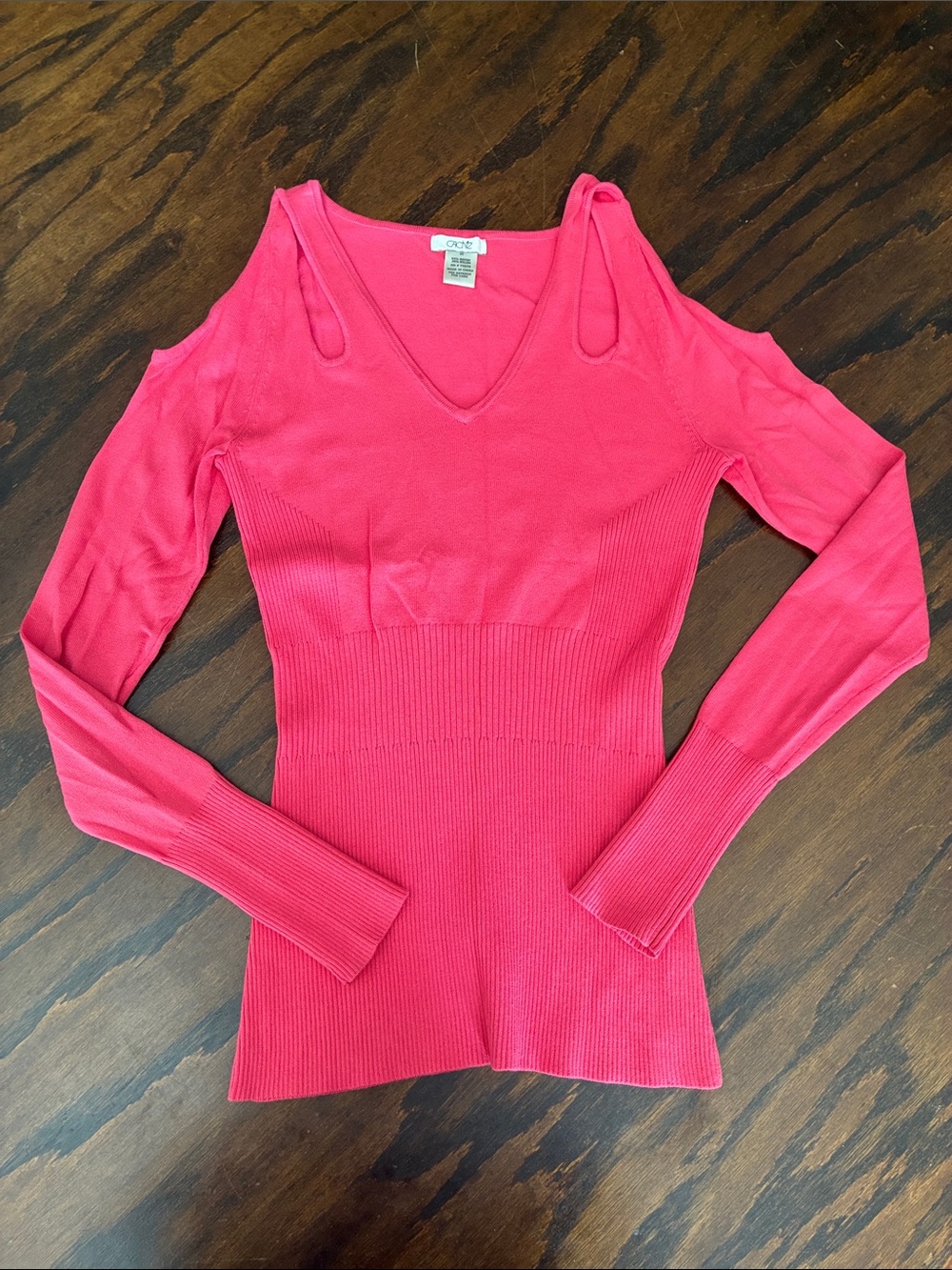 Cache Bright Pink Cold-Shoulder V-Neck Ribbed Long Sleeve Top